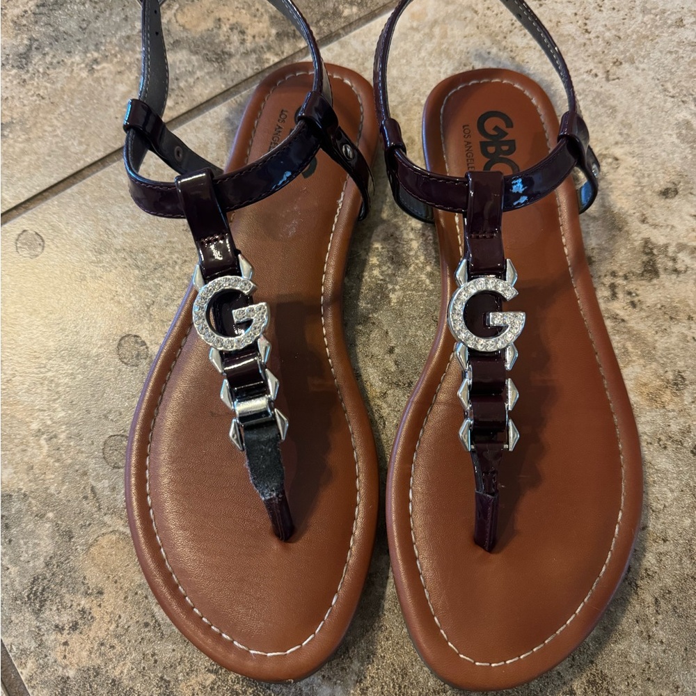 GBG Los Angeles Womens Toe Sandals Thong G Bling Flats T Straps Brown Sz 7.5